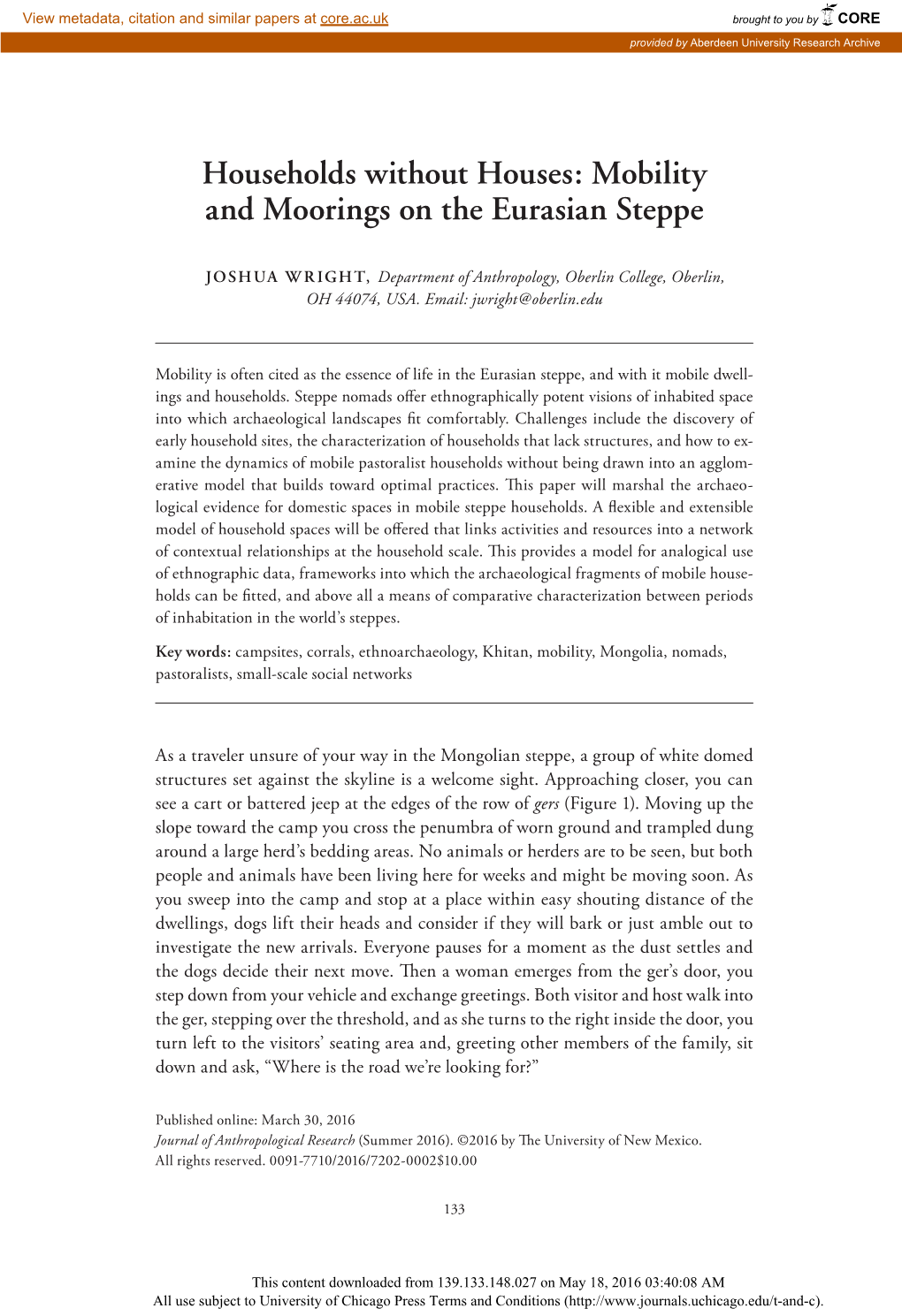 Households Without Houses: Mobility and Moorings on the Eurasian Steppe