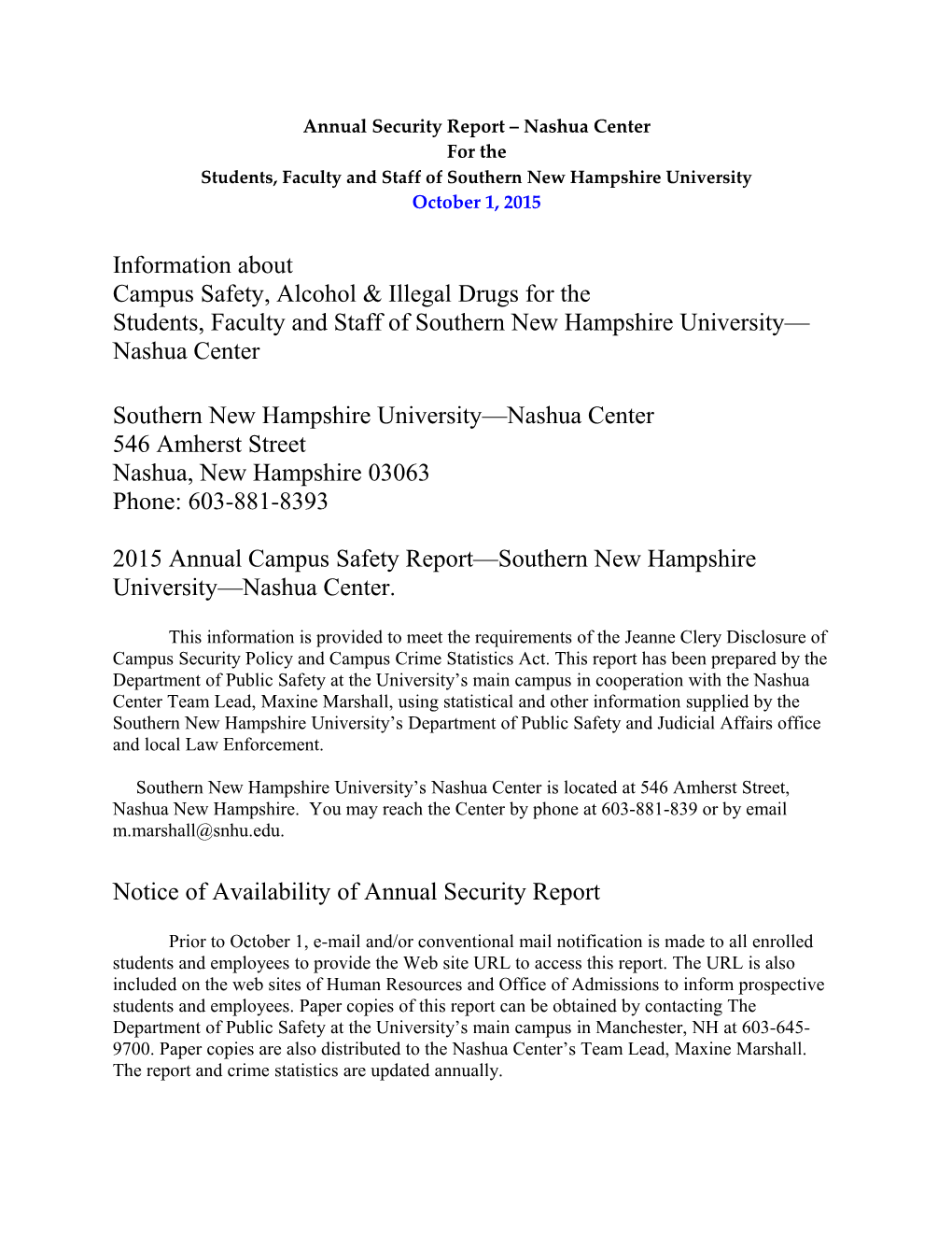 Annual Security Report Nashua Center