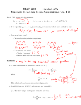 STAT 5200 Handout #7A Contrasts & Post Hoc Means Comparisons