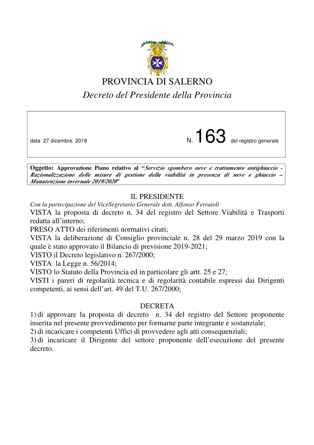 PROVINCIA DI SALERNO Decreto Del Presidente Della Provincia