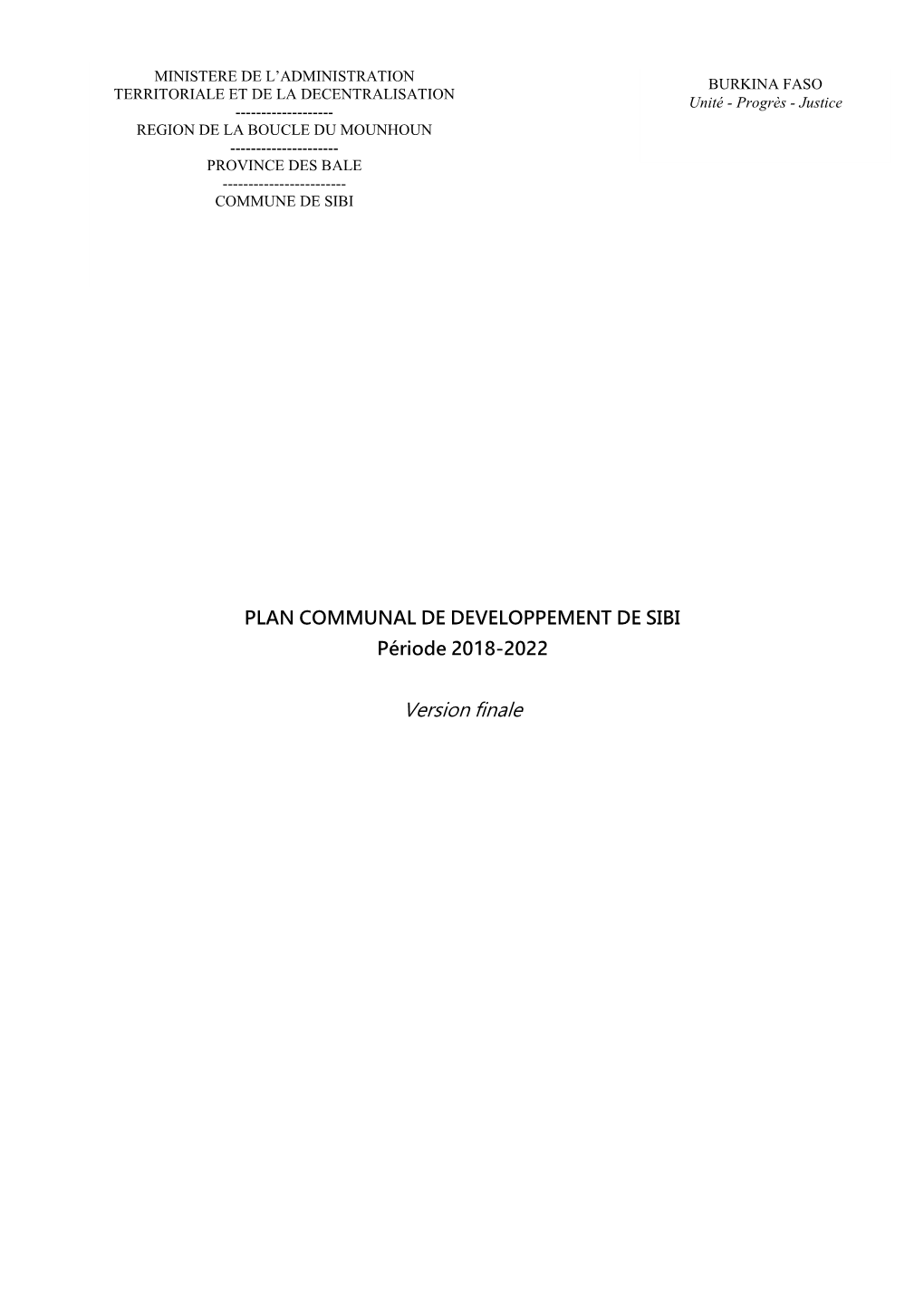 PLAN COMMUNAL DE DEVELOPPEMENT DE SIBI Période 2018-2022