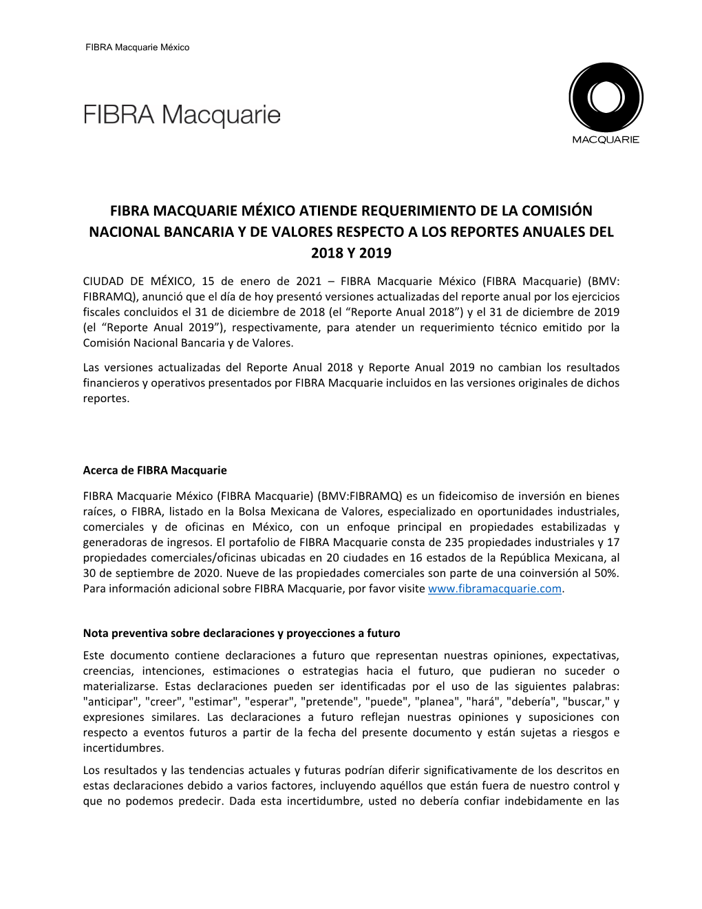 Fibra Macquarie México Atiende Requerimiento De La Comisión Nacional Bancaria Y De Valores Respecto a Los Reportes Anuales Del 2018 Y 2019