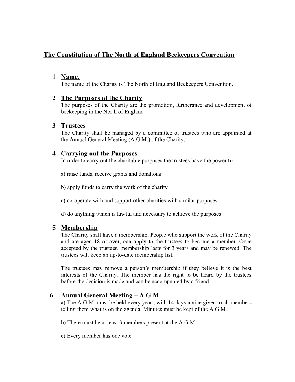 The Constitution of the North of England Beekeepers Convention