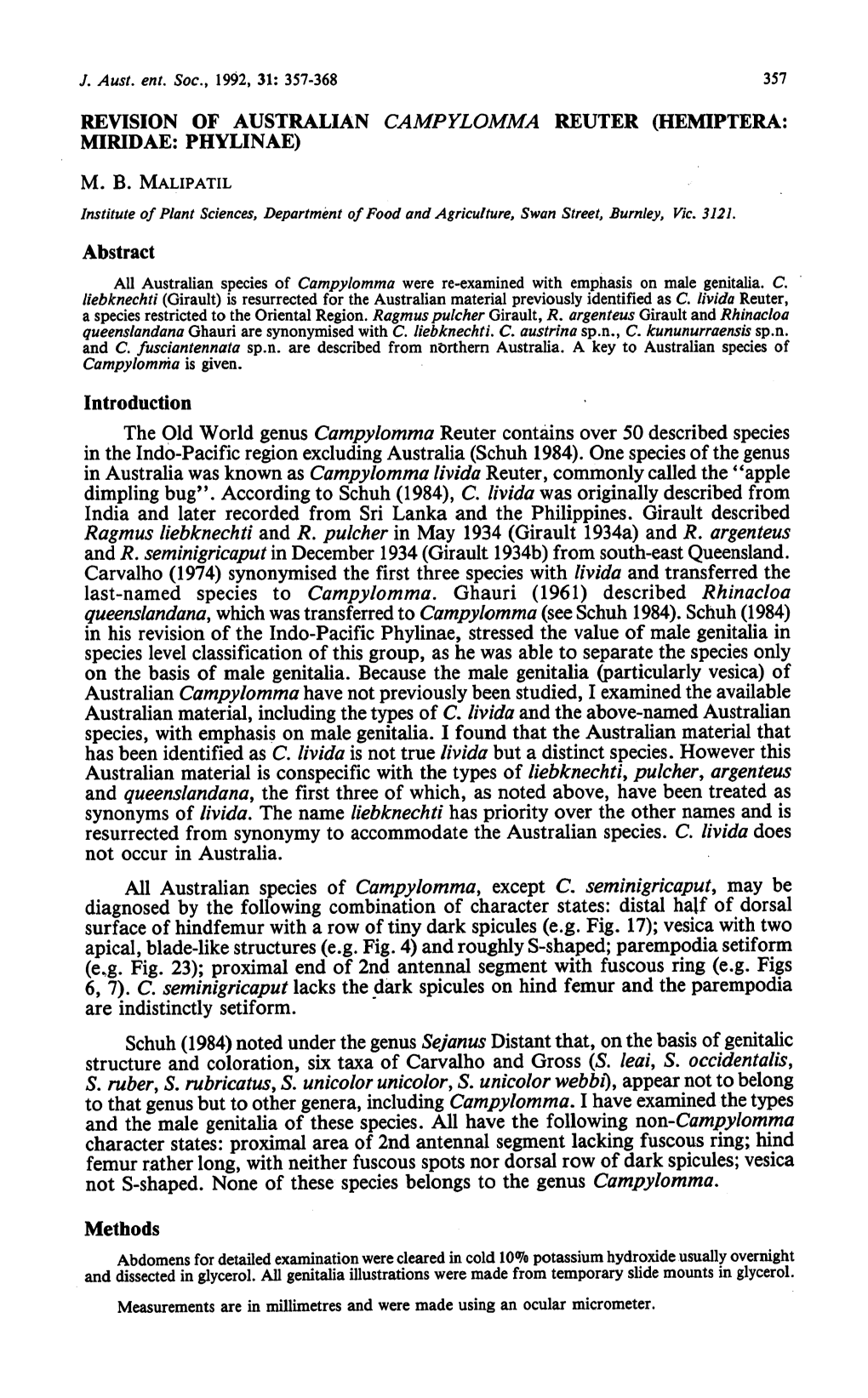 Revision of Australian Campylomma Reuter (Hemiptera: Miridae: Phylinae) M