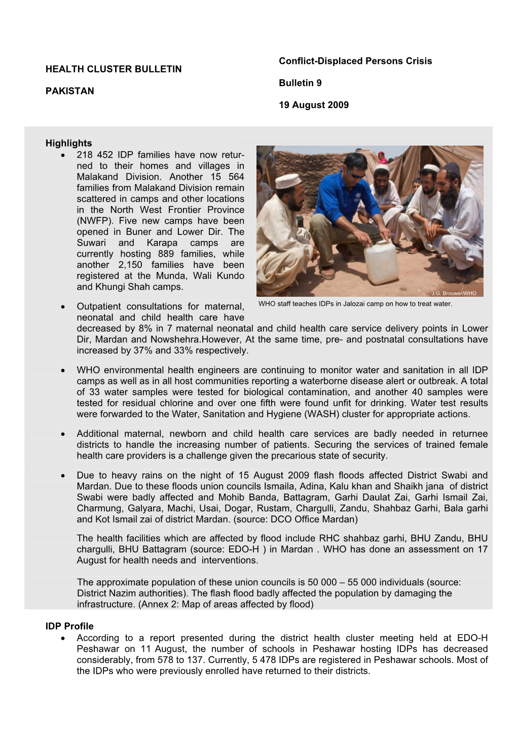 HEALTH CLUSTER BULLETIN Bulletin 9 PAKISTAN 19 August 2009