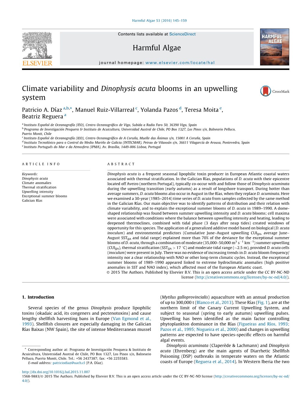 Climate Variability and Dinophysis Acuta Blooms in an Upwelling System