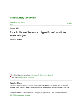 Some Problems of Removal and Appeal from Courts Not of Record in Virginia