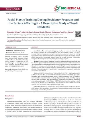 Facial Plastic Training During Residency Program and the Factors Affecting It - a Descriptive Study of Saudi Residents