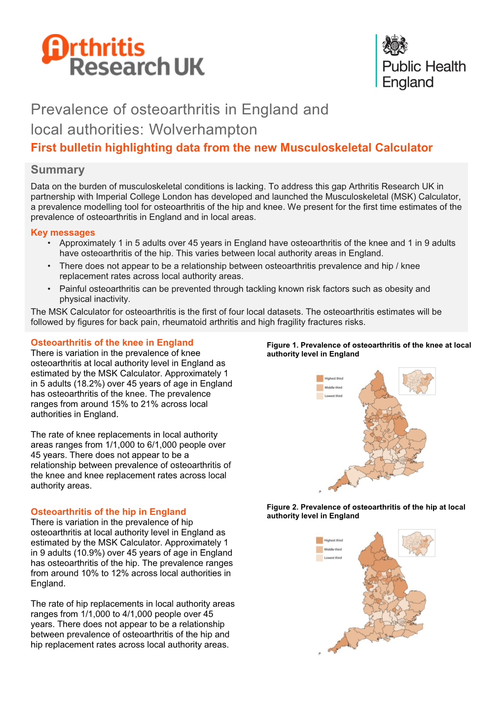 Prevalence of Osteoarthritis in England and Local Authorities: Wolverhampton First Bulletin Highlighting Data from the New Musculoskeletal Calculator