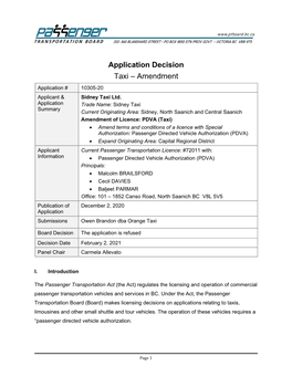 Application Decision Taxi – Amendment Application # 10305-20 Applicant & Sidney Taxi Ltd