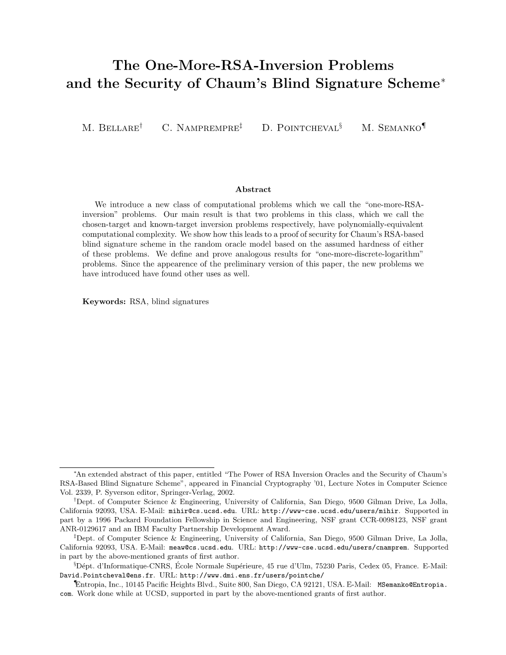 The One-More-RSA-Inversion Problems and the Security of Chaum's Blind Signature Scheme