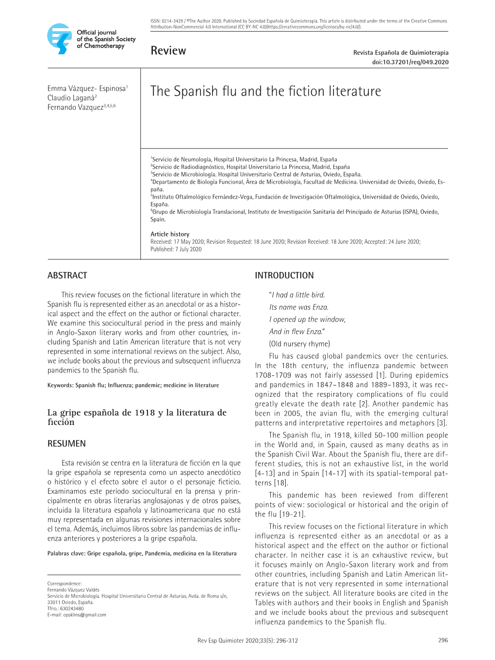 The Spanish Flu and the Fiction Literature Fernando Vazquez3,4,5,6