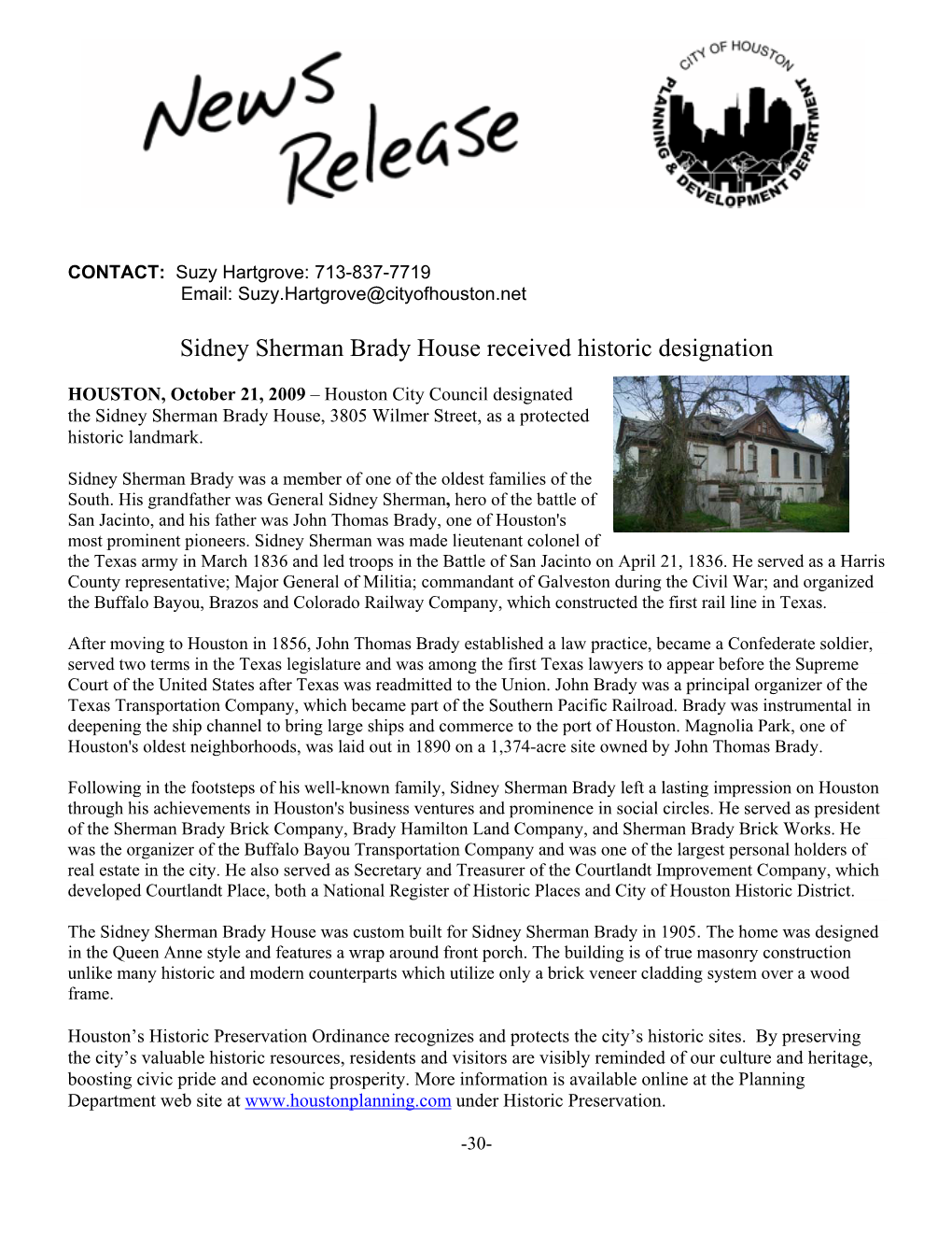 Sidney Sherman Brady House Received Historic Designation