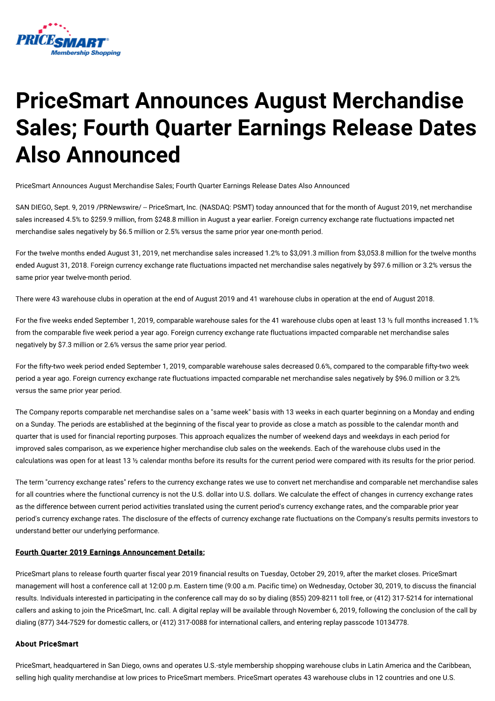 Pricesmart Announces August Merchandise Sales; Fourth Quarter Earnings Release Dates Also Announced