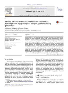 Dealing with the Uncertainties of Climate Engineering: Warnings from a Psychological Complex Problem Solving Perspective