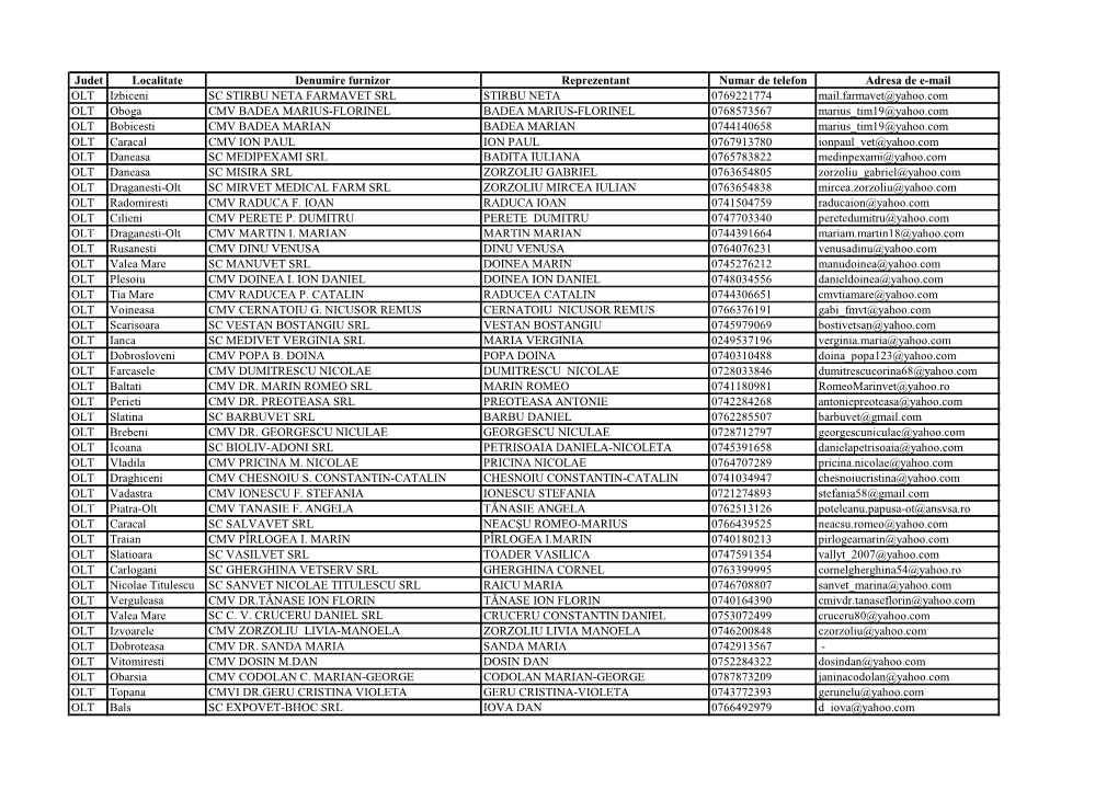 Judet Localitate Denumire Furnizor Reprezentant Numar De Telefon