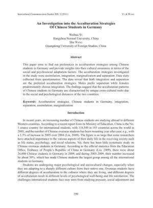 An Investigation Into the Acculturation Strategies of Chinese Students in Germany