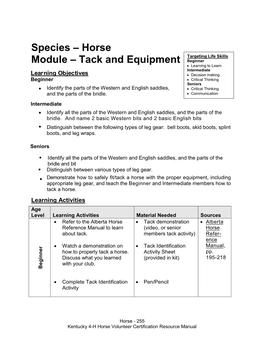 Species – Horse Module – Tack and Equipment