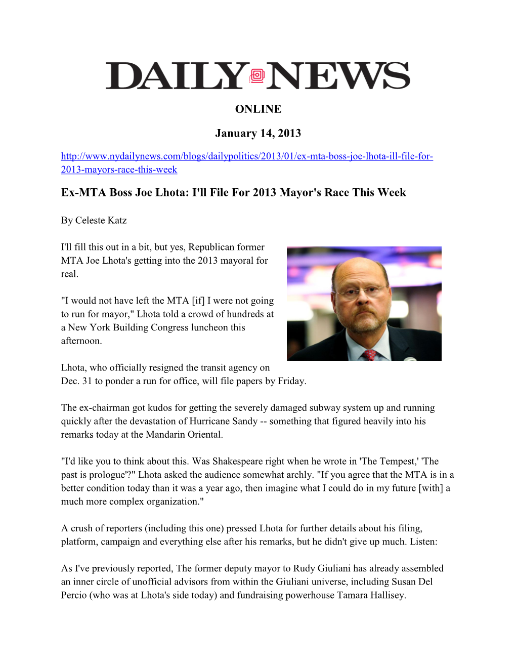 ONLINE January 14, 2013 Ex-MTA Boss Joe Lhota