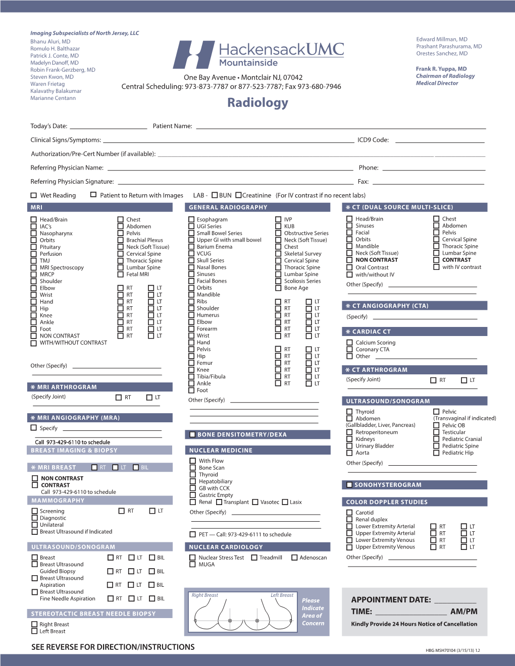 Radiology Order Sheet