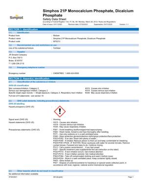 Simphos 21P Monocalcium Phosphate, Dicalcium Phosphate Safety Data Sheet According to Federal Register / Vol