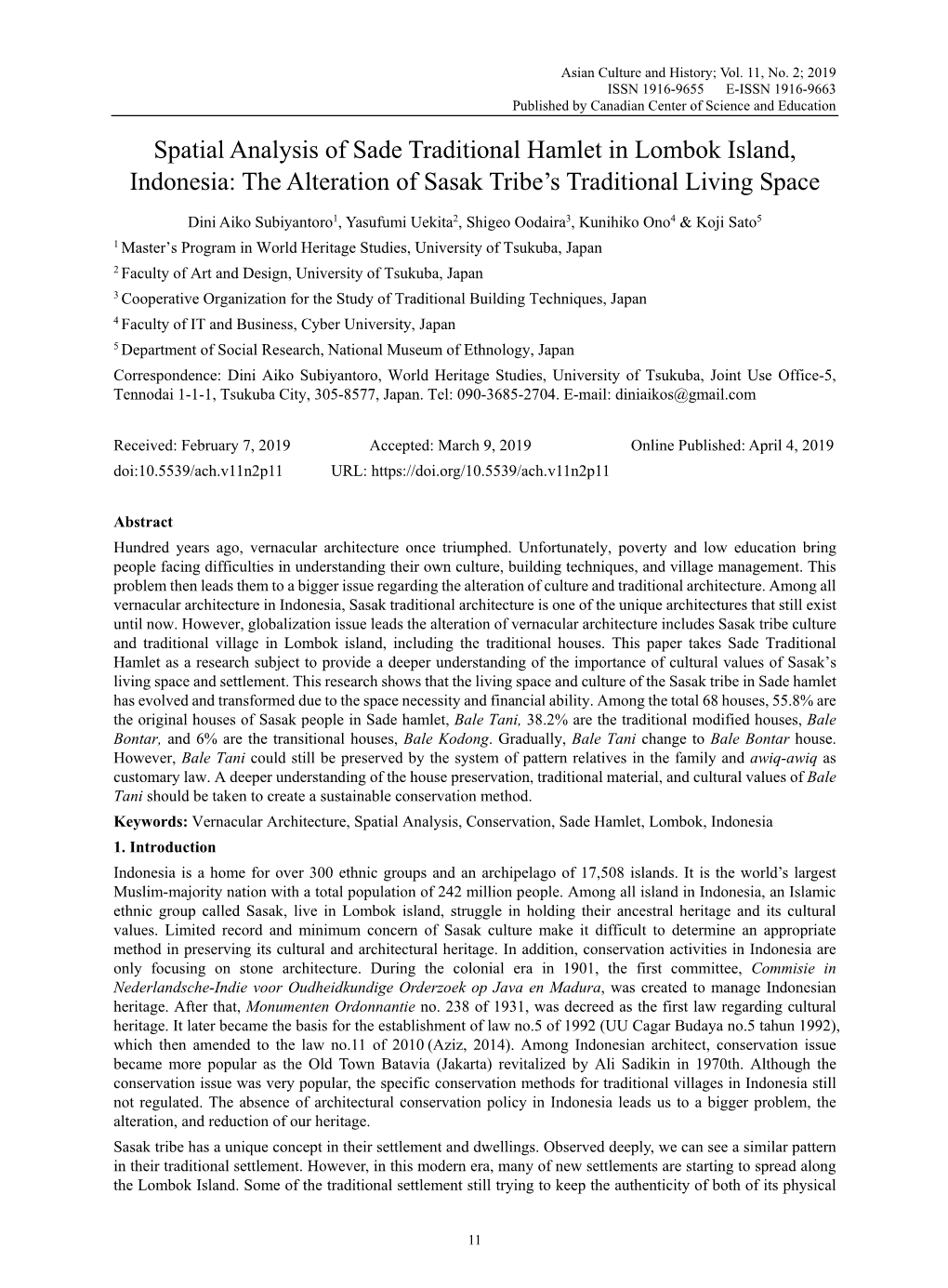 Spatial Analysis of Sade Traditional Hamlet in Lombok Island, Indonesia: the Alteration of Sasak Tribe’S Traditional Living Space