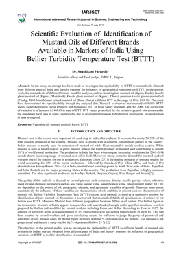 Scientific Evaluation of Identification of Mustard Oils of Different Brands Available in Markets of India Using Bellier Turbidity Temperature Test (BTTT)
