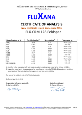CERTIFICATE of ANALYSIS New Certificate Issued September 2016 FLX-CRM 128 Feldspar