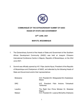 Communiqué of the Extraordinary Summit of Sadc Heads of State and Government