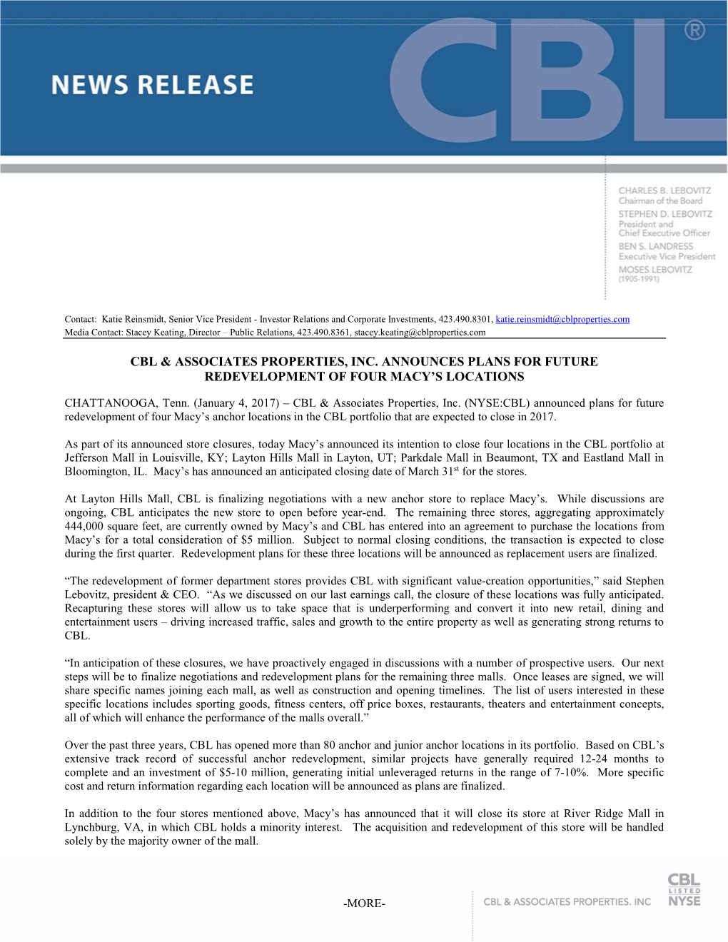 Cbl & Associates Properties, Inc. Announces Plans for Future Redevelopment of Four Macy's Locations