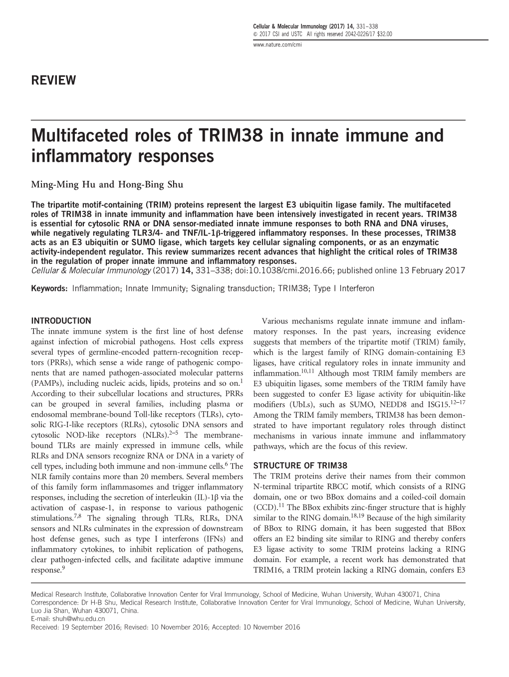 Multifaceted Roles of TRIM38 in Innate Immune and Inflammatory Responses