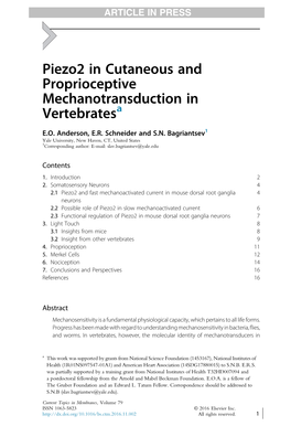 Piezo2 in Cutaneous and Proprioceptive Mechanotransduction in Vertebratesa