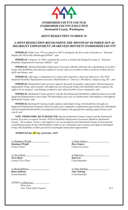 A Joint Resolution Recognizing the Month of October 2019 As Disability Employment Awareness Month in Snohomish County