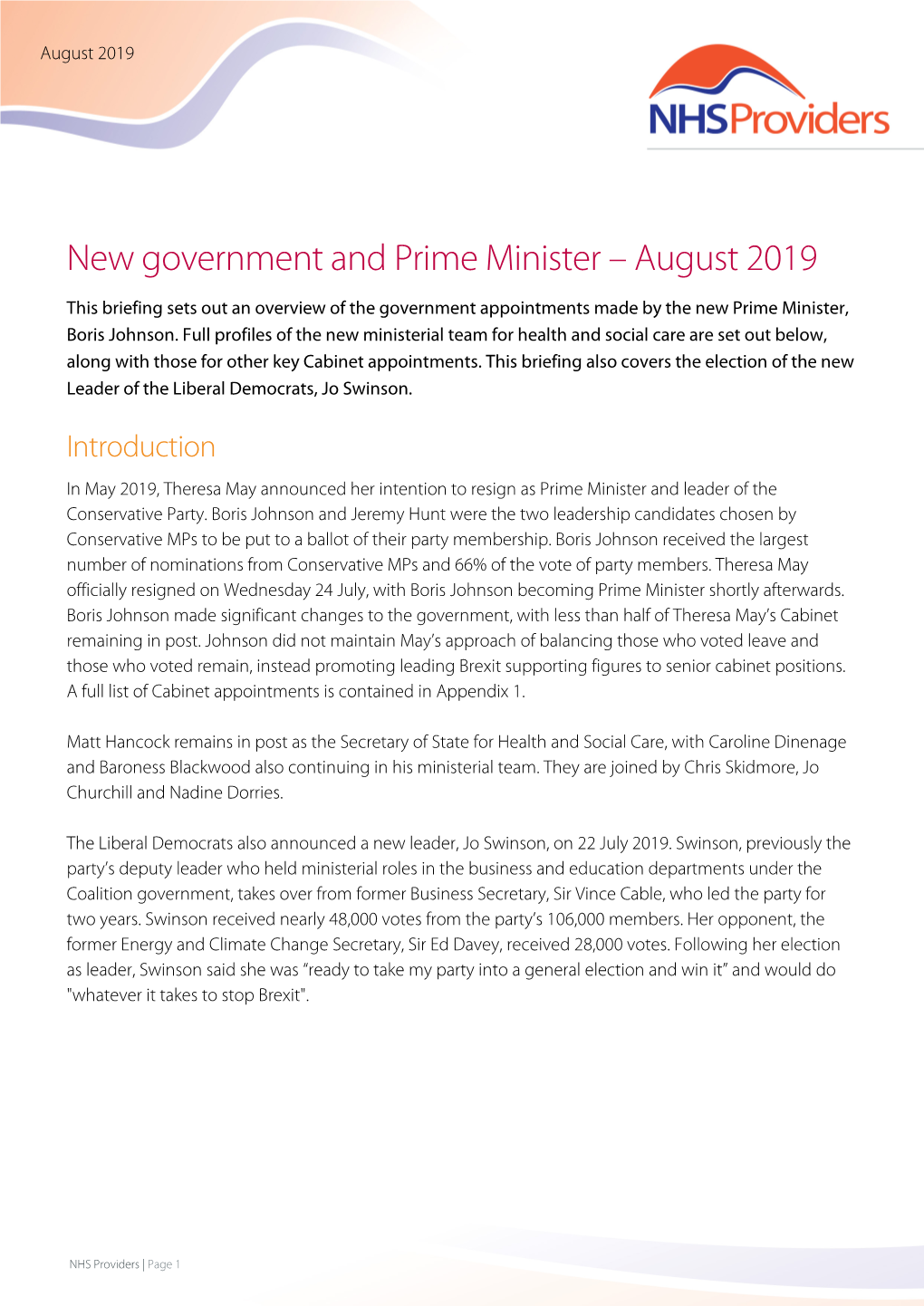 New Government and Prime Minister – August 2019