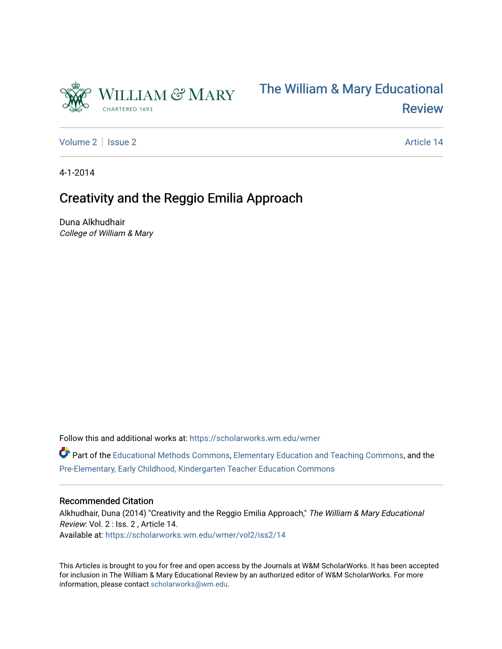 Creativity and the Reggio Emilia Approach