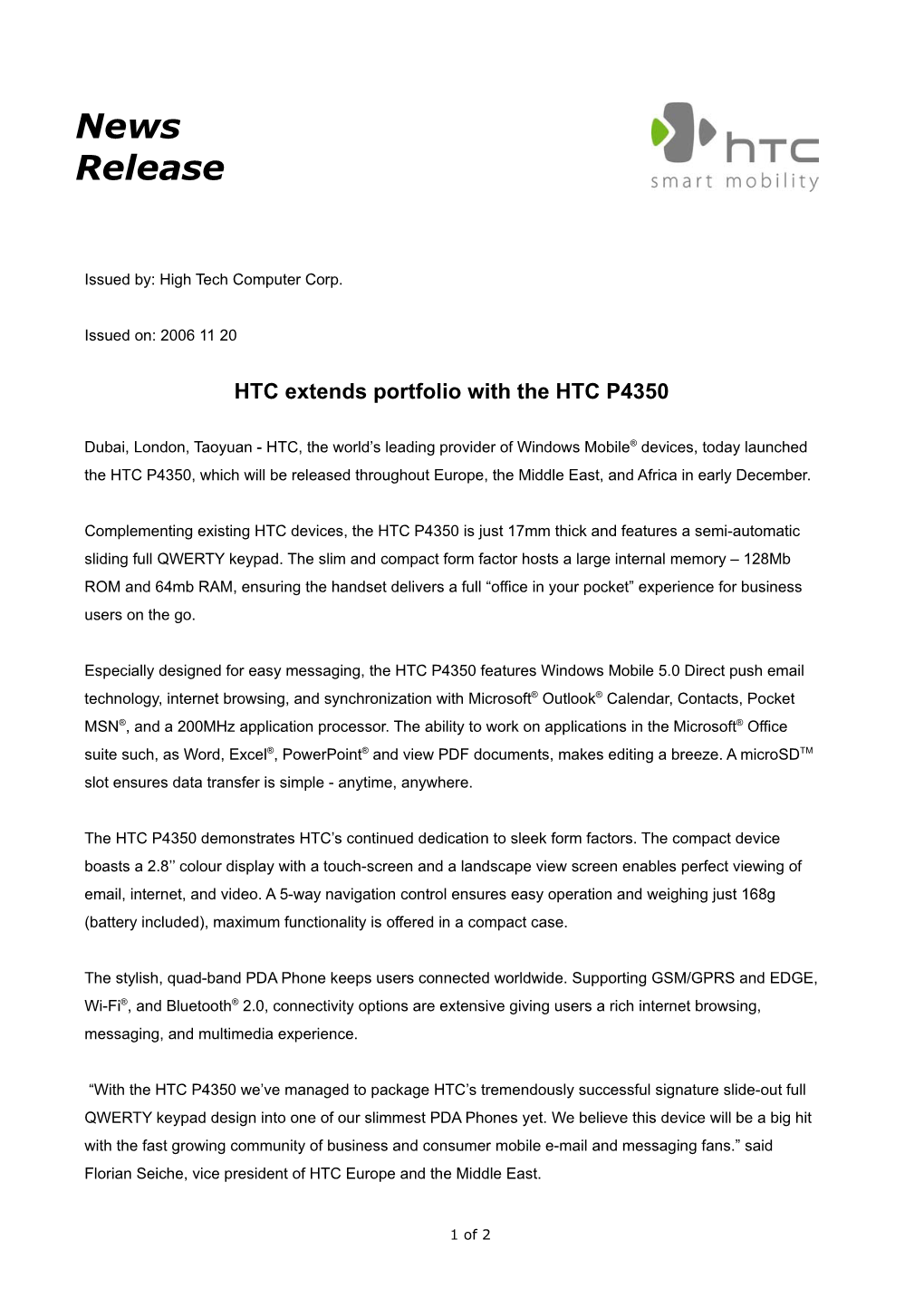 HTC News Release