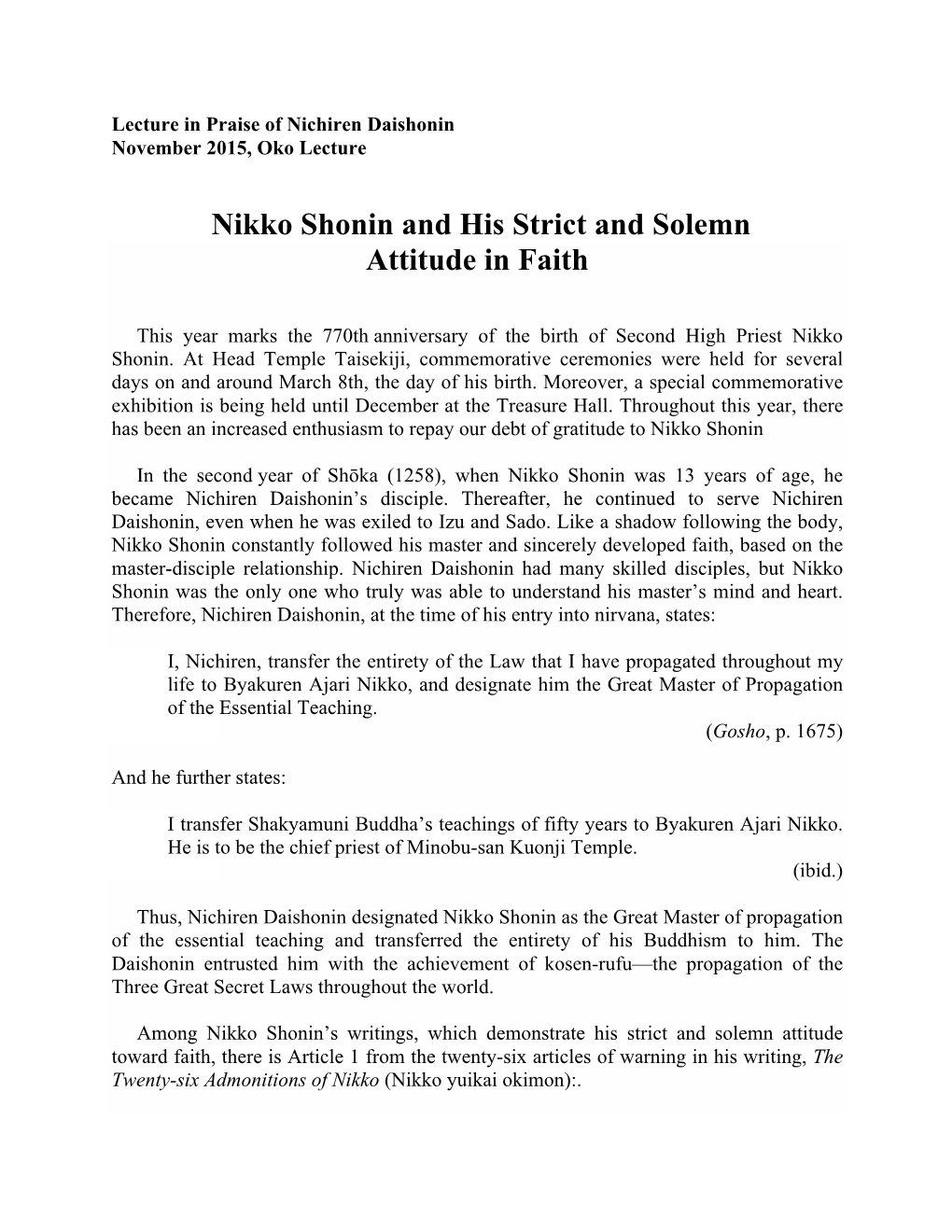 Nikko Shonin and His Strict and Solemn Attitude in Faith