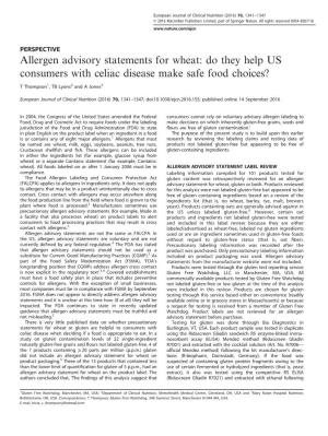 Allergen Advisory Statements for Wheat: Do They Help US Consumers with Celiac Disease Make Safe Food Choices?