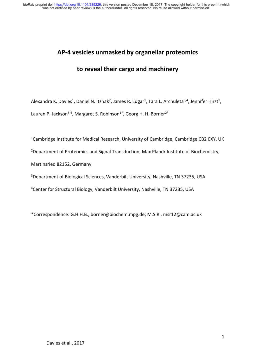 AP-4 Vesicles Unmasked by Organellar Proteomics to Reveal Their Cargo