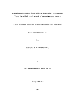 Australian Girl Readers, Femininities and Feminism in the Second World War (1939-1945): a Study of Subjectivity and Agency