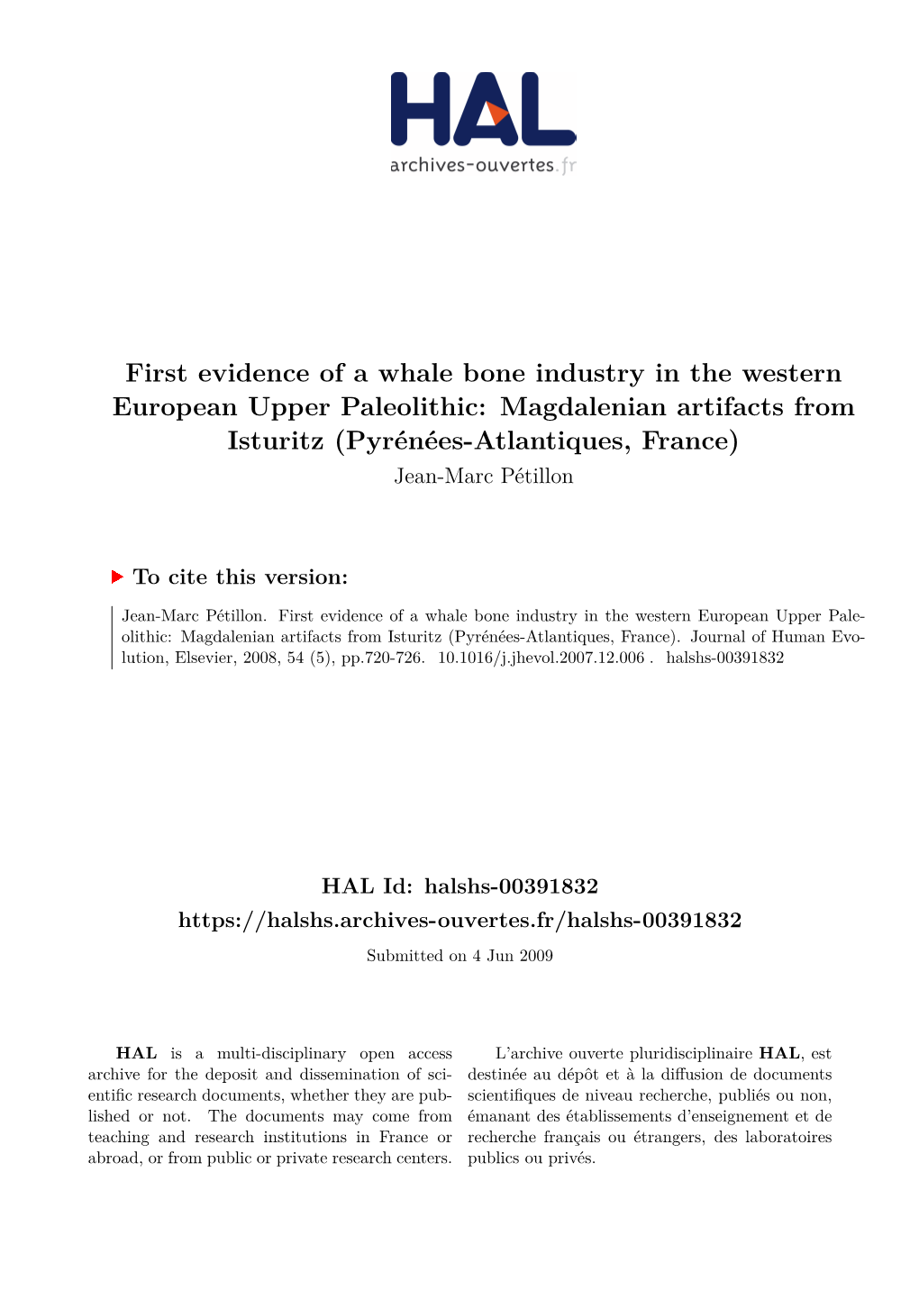 First Evidence of a Whale Bone Industry in the Western European Upper Paleolithic: Magdalenian Artifacts from Isturitz (Pyréné