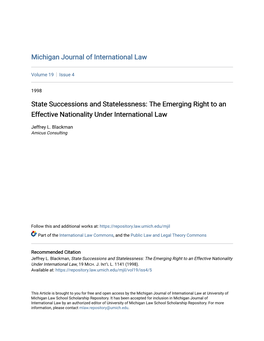 State Successions and Statelessness: the Emerging Right to an Effective Nationality Under International Law