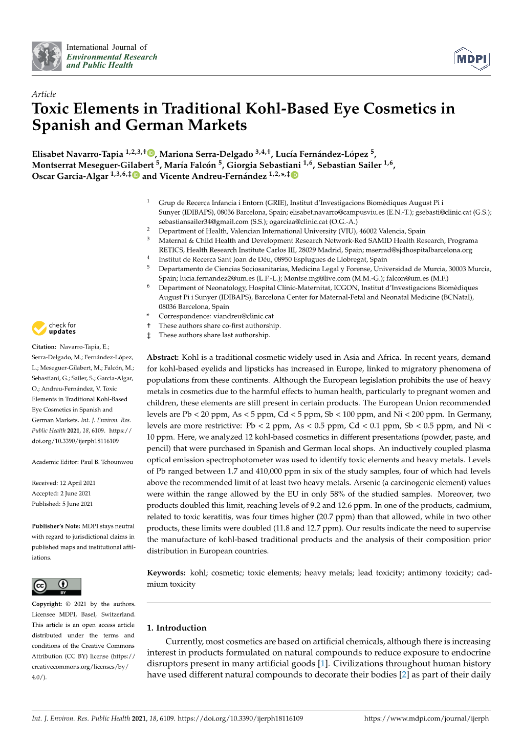 Toxic Elements in Traditional Kohl-Based Eye Cosmetics in Spanish and German Markets