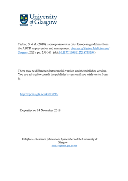 Tasker, S. Et Al. (2018) Haemoplasmosis in Cats: European Guidelines from the ABCD on Prevention and Management