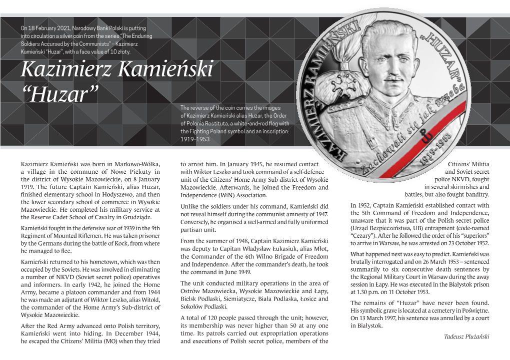 Kazimierz Kamieński “Huzar”, with a Face Value of 10 Złoty