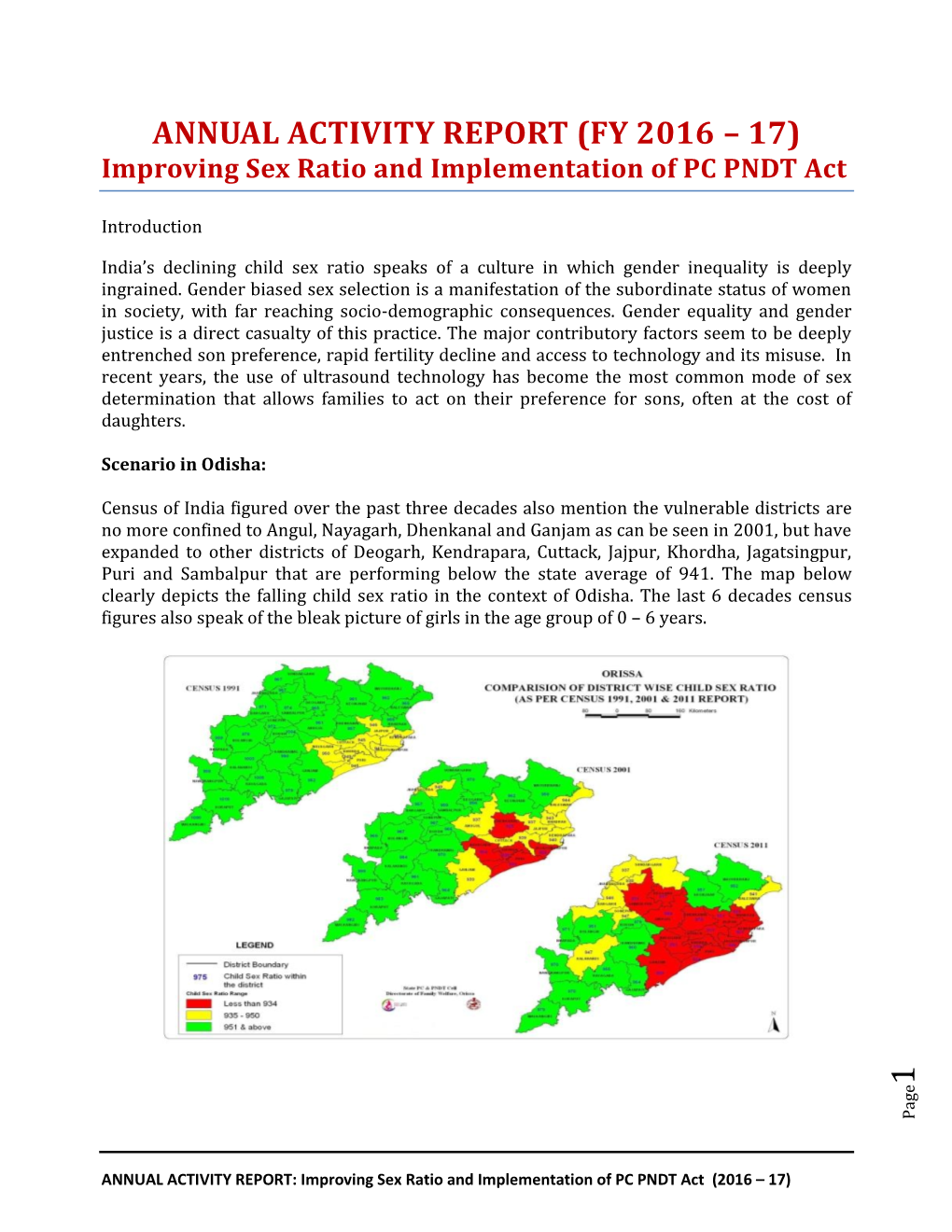 ANNUAL ACTIVITY REPORT (FY 2016 – 17) Improving Sex Ratio and Implementation of PC PNDT Act