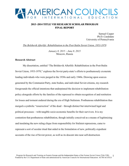 2013 -2014 Title Viii Research Scholar Program Final Report