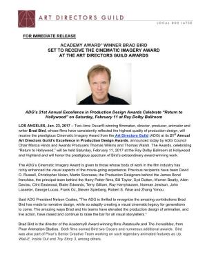 Academy Award® Winner Brad Bird Set to Receive the Cinematic Imagery Award at the Art Directors Guild Awards