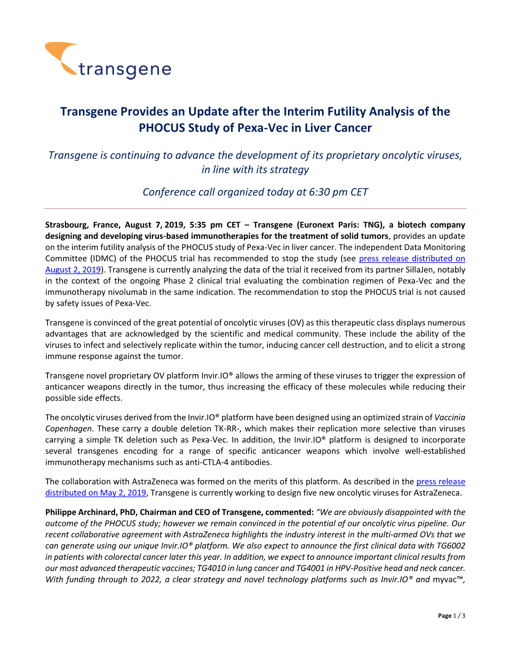 Transgene Provides an Update After the Interim Futility Analysis of the PHOCUS Study of Pexa-Vec in Liver Cancer