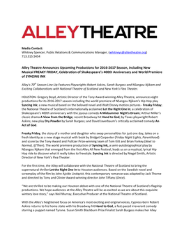 Alley Theatre Announces Upcoming Productions for 2016-2017 Season, Including New Musical FREAKY FRIDAY, Celebration of Shakespea